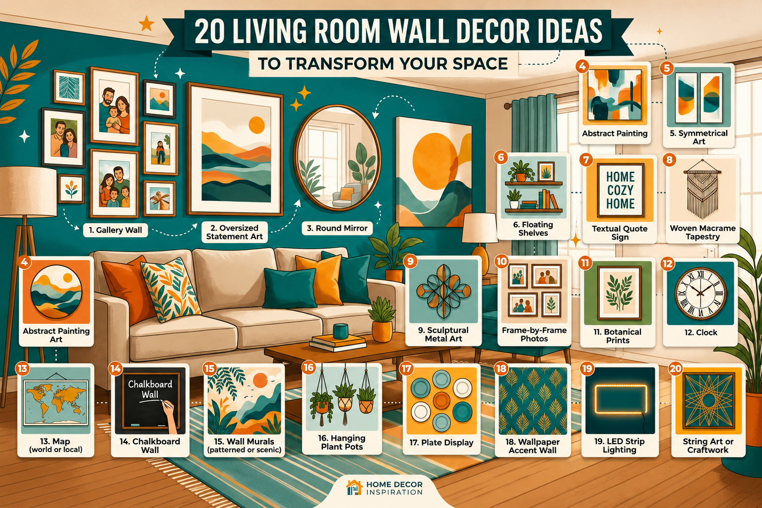 20 stylish living room wall decor ideas featuring gallery walls, modern artwork, mirrors, shelves, and elegant accent wall decorations.