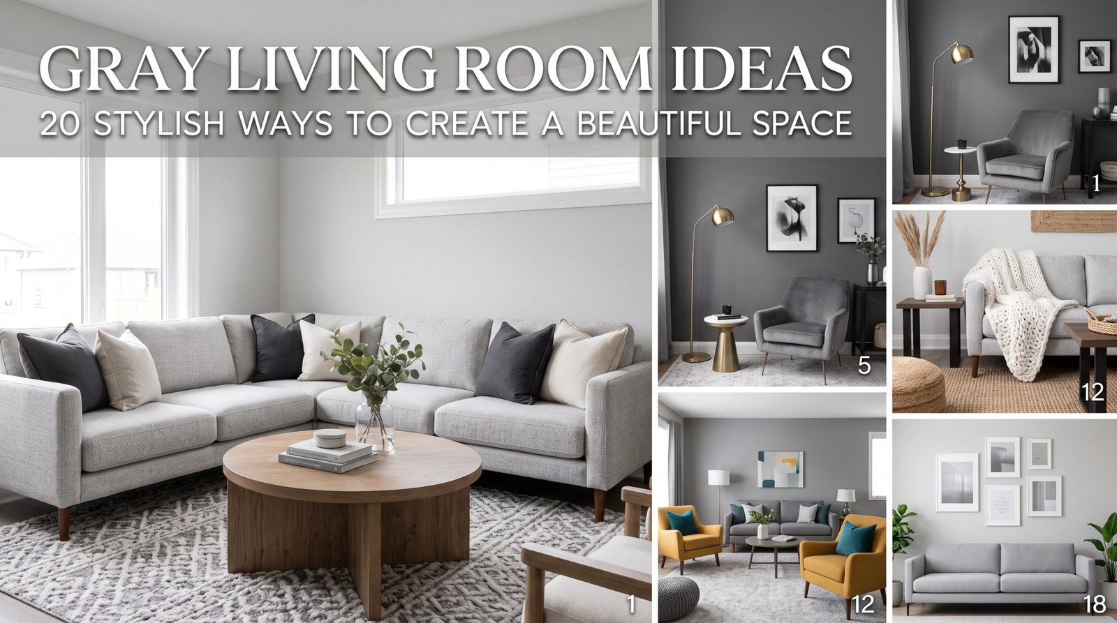 Gray living room with a modern gray sofa, neutral decor, cozy furnishings, and stylish contemporary wall accents.