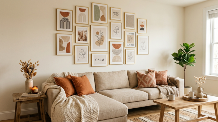 Warm and cozy living room with a neutral beige sofa, plush cushions, a chunky knit blanket, and a natural wooden coffee table under soft lighting.