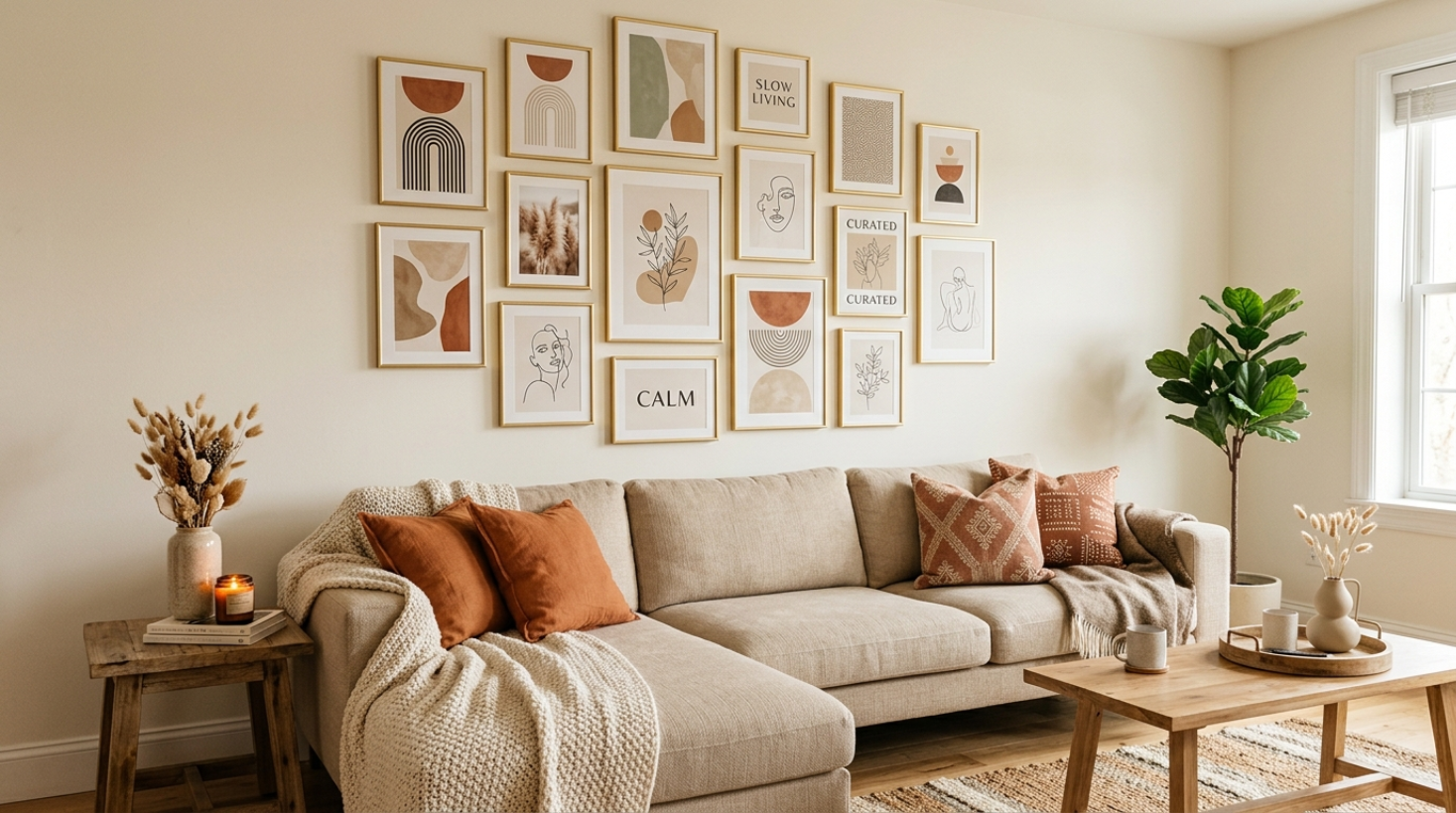 Warm and cozy living room with a neutral beige sofa, plush cushions, a chunky knit blanket, and a natural wooden coffee table under soft lighting.