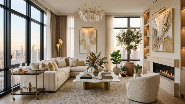 Luxury living room with a cream sectional sofa, marble coffee table, elegant chandelier, neutral color palette, wooden flooring, and modern home décor.