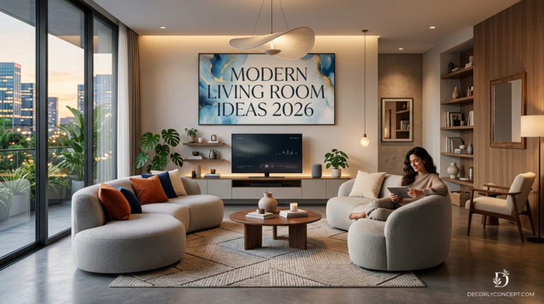 A chic 2026 modern living room featuring a cozy curved sofa, textured rug, large window with natural light, and green plants.